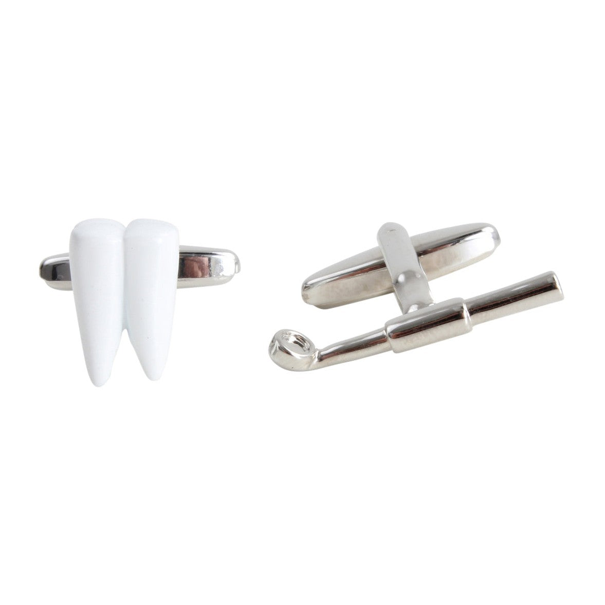Tooth and Dental Mirror Cufflinks - Leonard Silver - front view of both links