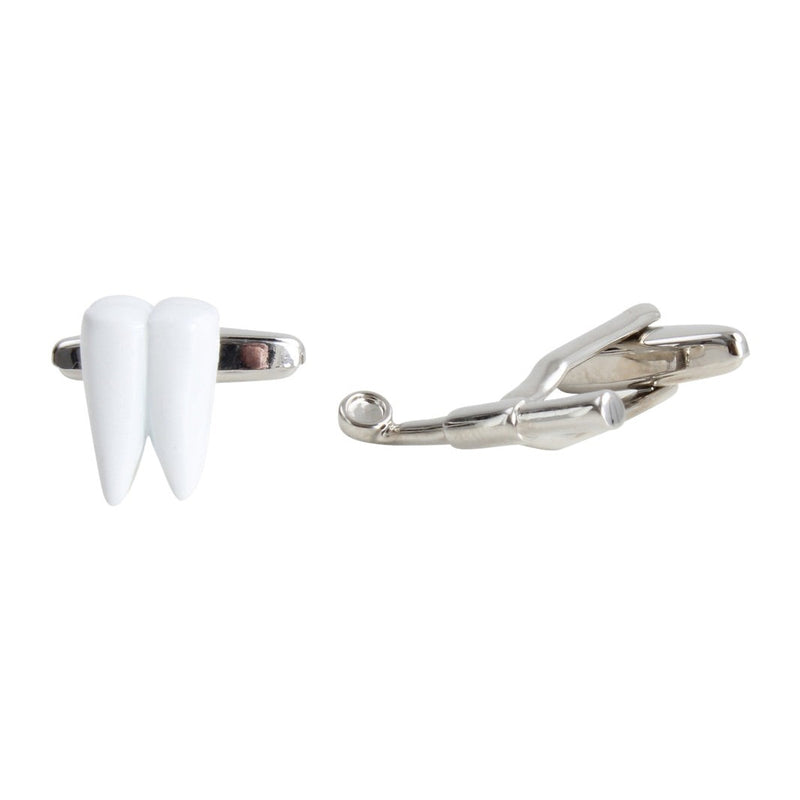 Tooth and Dental Mirror Cufflinks - Leonard Silver - side view showing fold-over backs