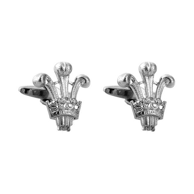 Prince of Wales Feathers Rhodium Cufflinks - Leonard Silver - pair shown front and back
