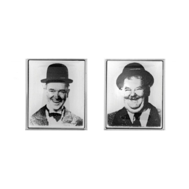 Laurel & Hardy Photo Cufflinks, Rhodium Plated - Leonard Silver - pair shown face up