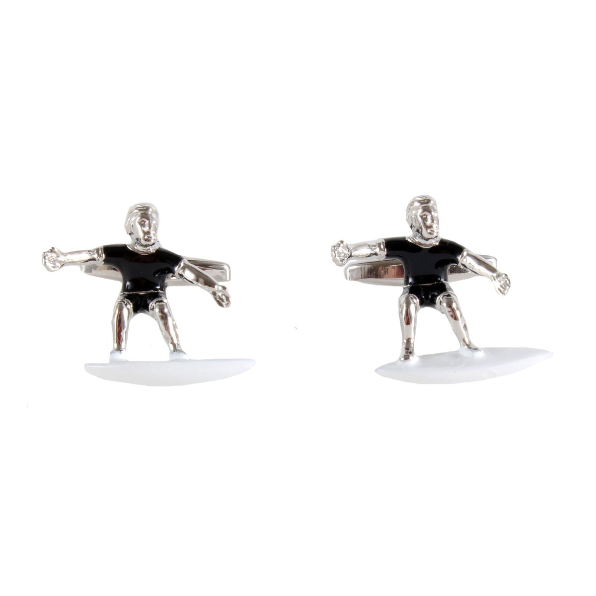 Surfer Cufflinks in Silver Tone and Black Enamel - Leonard Silver - pair shown front