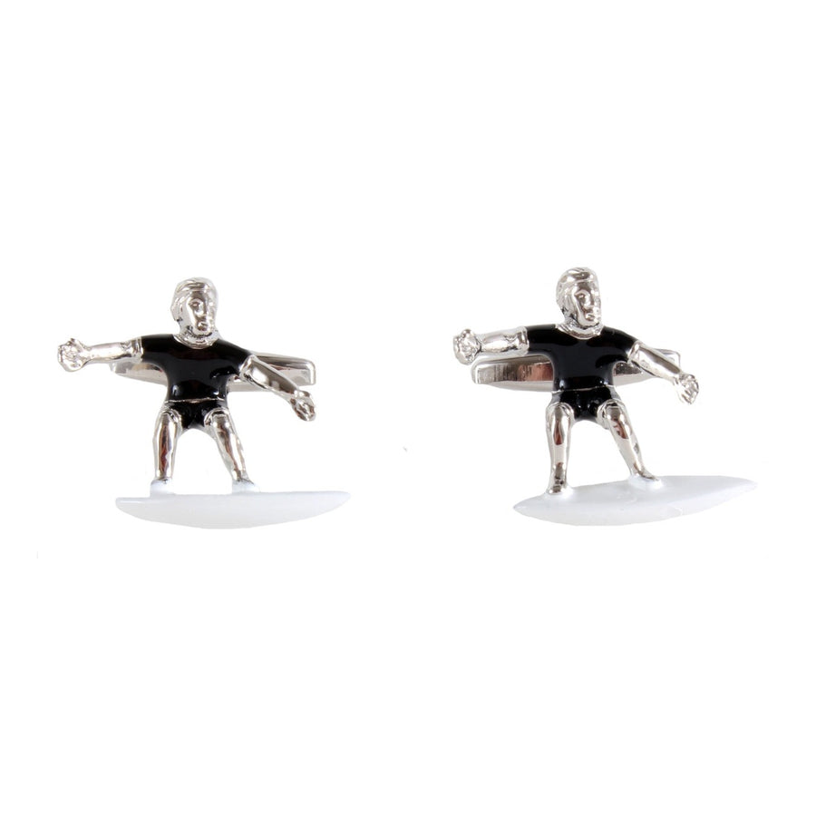 Surfer Cufflinks in Silver Tone and Black Enamel - Leonard Silver - pair shown front