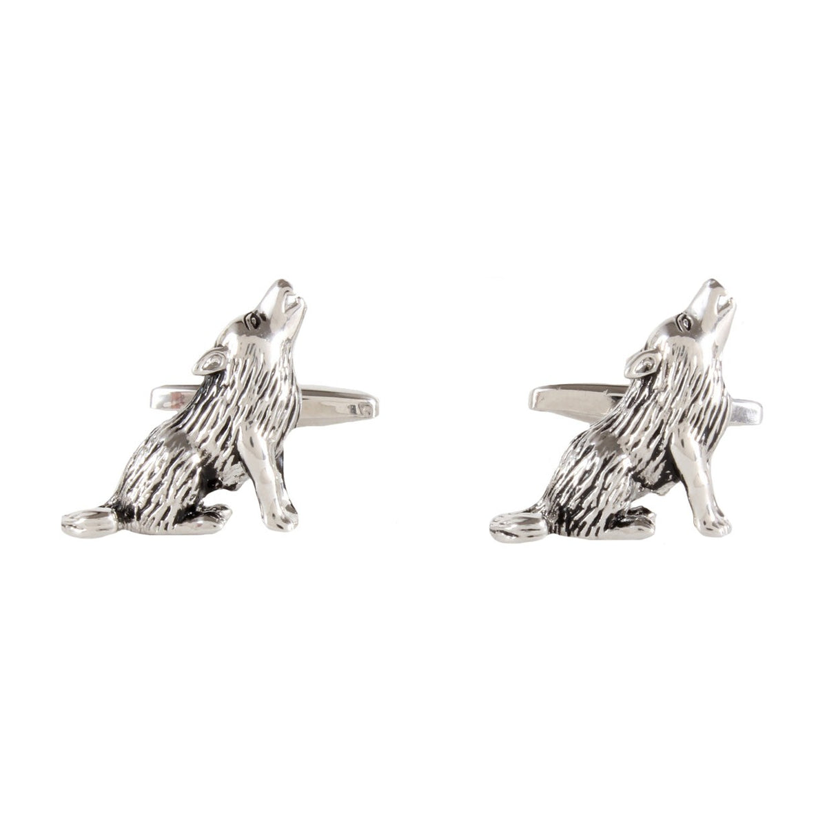 Howling Wolf Rhodium Plated Cufflinks - Leonard Silver - front view of pair