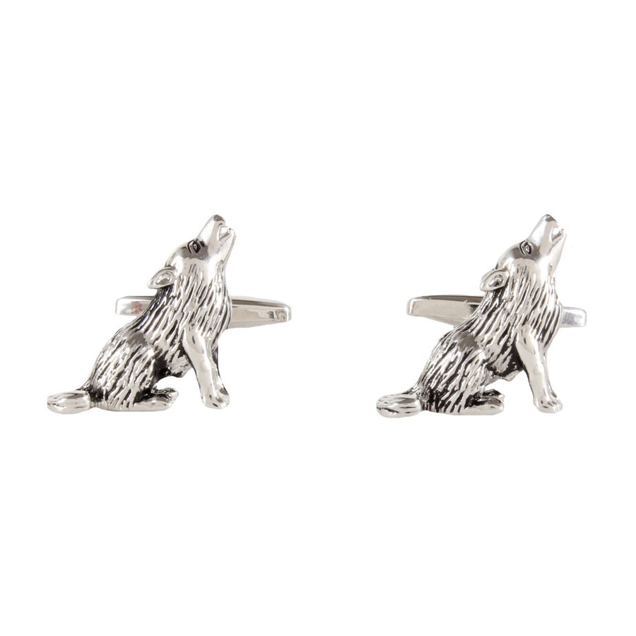 Howling Wolf Rhodium Plated Cufflinks - Leonard Silver - front view of pair