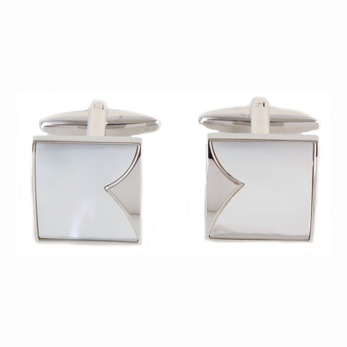 Mother of Pearl Fish Tail Square Cufflinks - Leonard Silver - front view of pair