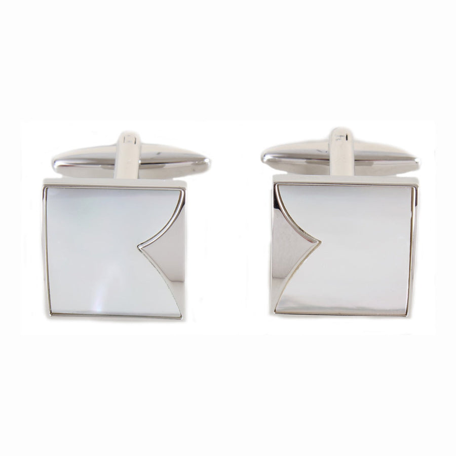 Mother of Pearl Fish Tail Square Cufflinks - Leonard Silver - front view of pair