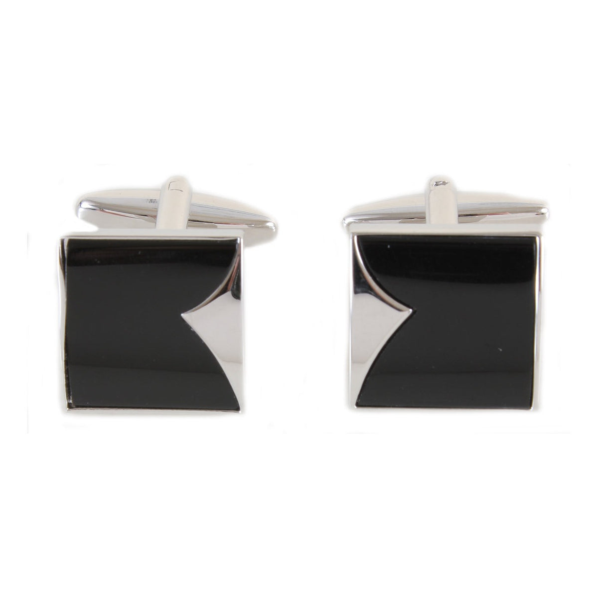 Onyx Stone Fish Tail Cufflinks - Leonard Silver - front view of the pair