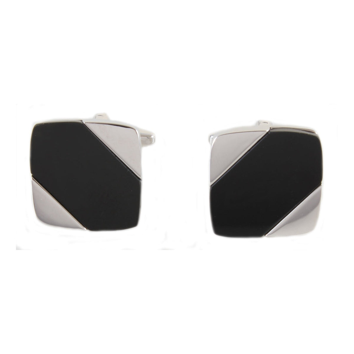 Onyx Diagonal Rhodium Plated Cufflinks - Leonard Silver - pair, front view