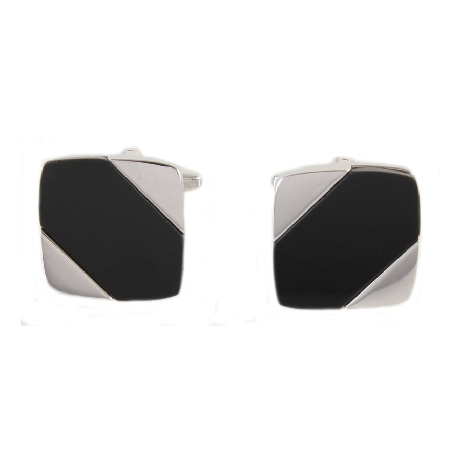 Onyx Diagonal Rhodium Plated Cufflinks - Leonard Silver - pair, front view