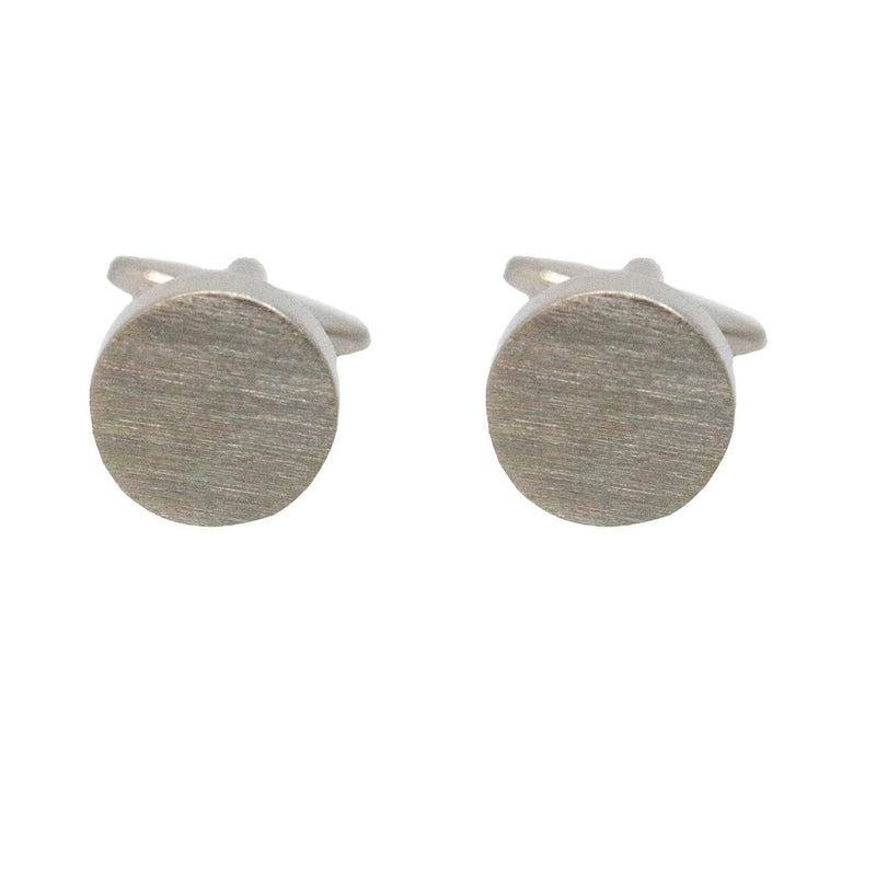 Round Brushed Rhodium Cufflinks - Leonard Silver - detail of brushed face and fold-over back