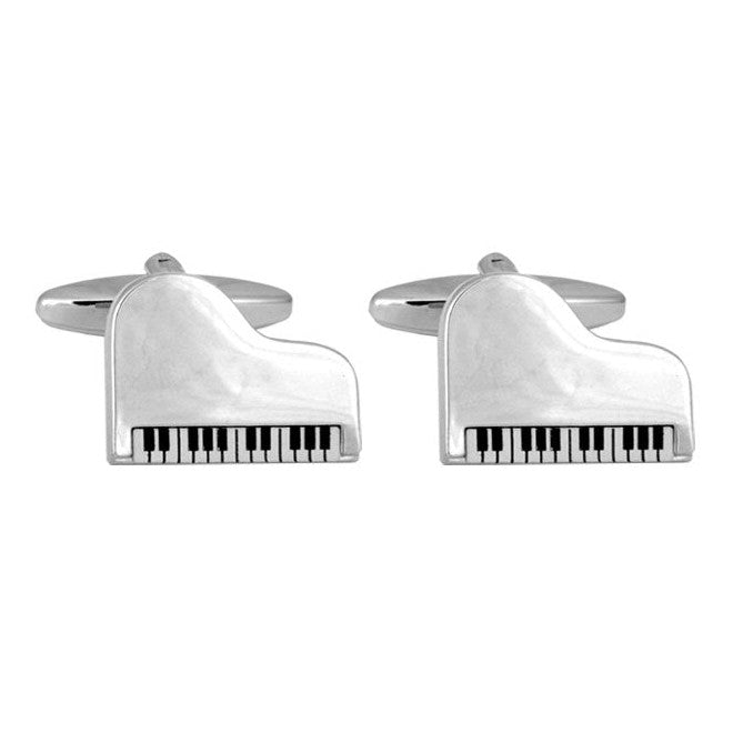 Grand Piano Rhodium Plated Cufflinks - Leonard Silver - front view of pair