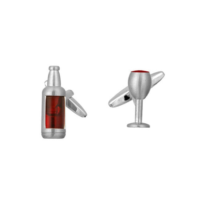 Red Wine Bottle And Glass Rhodium Plated Cufflinks - Leonard Silver - front view of both links