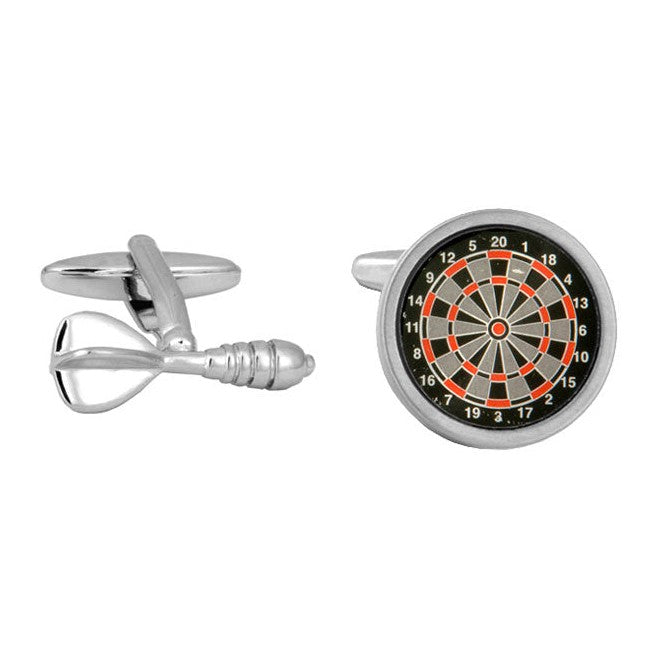 Dart And Dartboard Rhodium Plated Cufflinks - Leonard Silver - dartboard face and dart with fold-over backs
