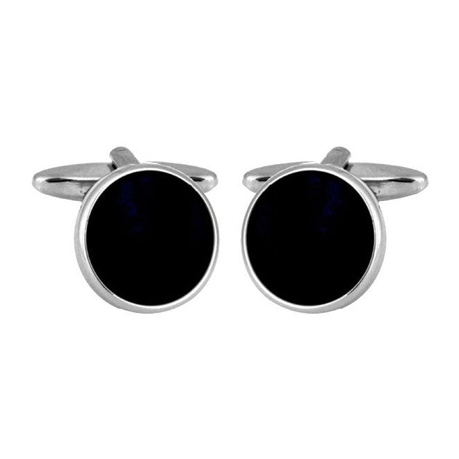 Black Onyx Round Rhodium Plated Cufflinks - Leonard Silver - pair, front view
