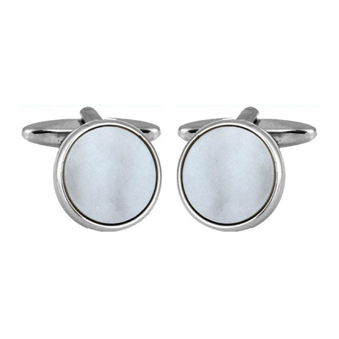 Mother Of Pearl Round Rhodium Plated Cufflinks - Leonard Silver - pair, front view