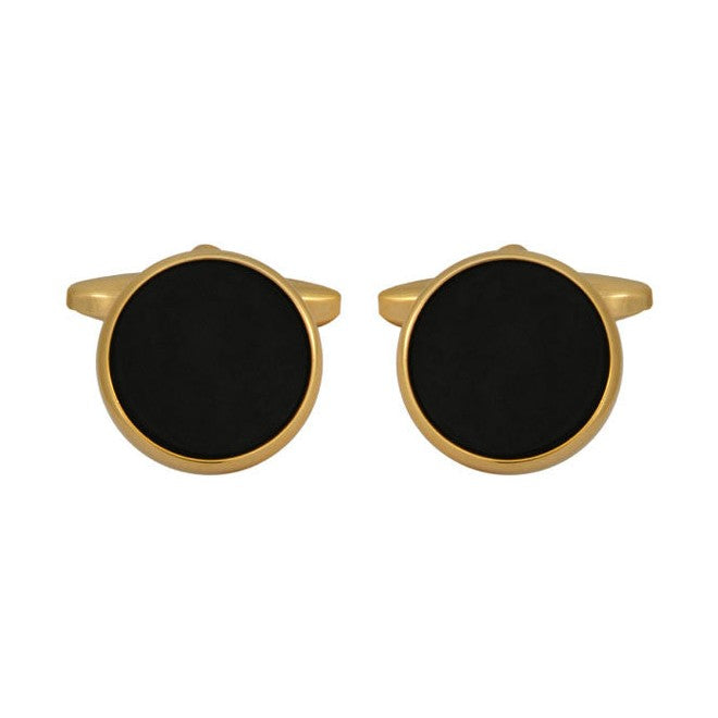 Onyx Round Gold Plated Cufflinks - Leonard Silver - pair shown front on