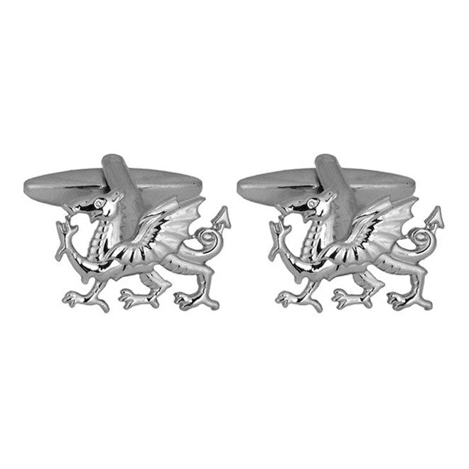 Welsh Dragon Cut-Out Rhodium Plated Cufflinks - Leonard Silver - pair, front view