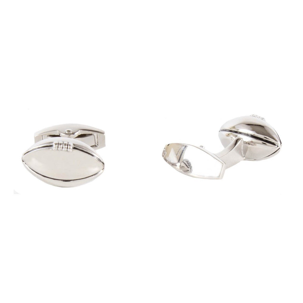 Silver Tone Rugby Ball Cufflinks - Leonard Silver - front and side showing fold-over back
