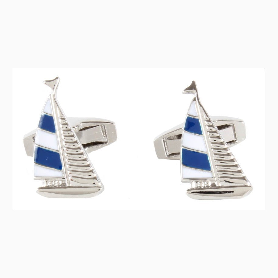 Blue and White Sailing Yacht Cufflinks - Leonard Silver - blue and white striped sails