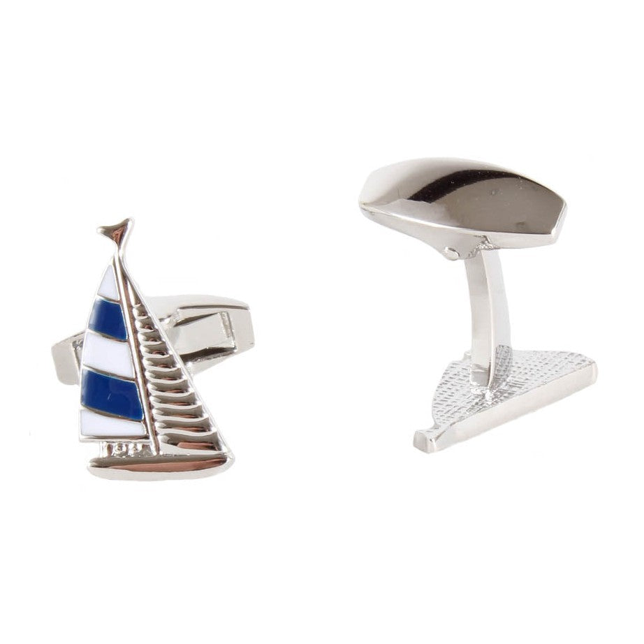 Blue and White Sailing Yacht Cufflinks - Leonard Silver - bar fitting detail