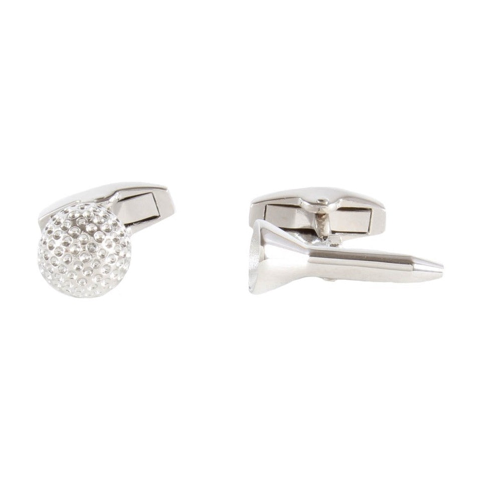 Golf Ball And Tee Cufflinks In Silver Tone - Leonard Silver - front and side view