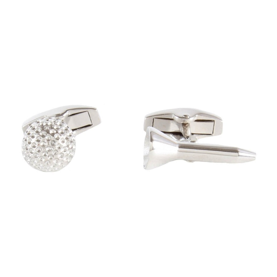 Golf Ball And Tee Cufflinks In Silver Tone - Leonard Silver - front and side view