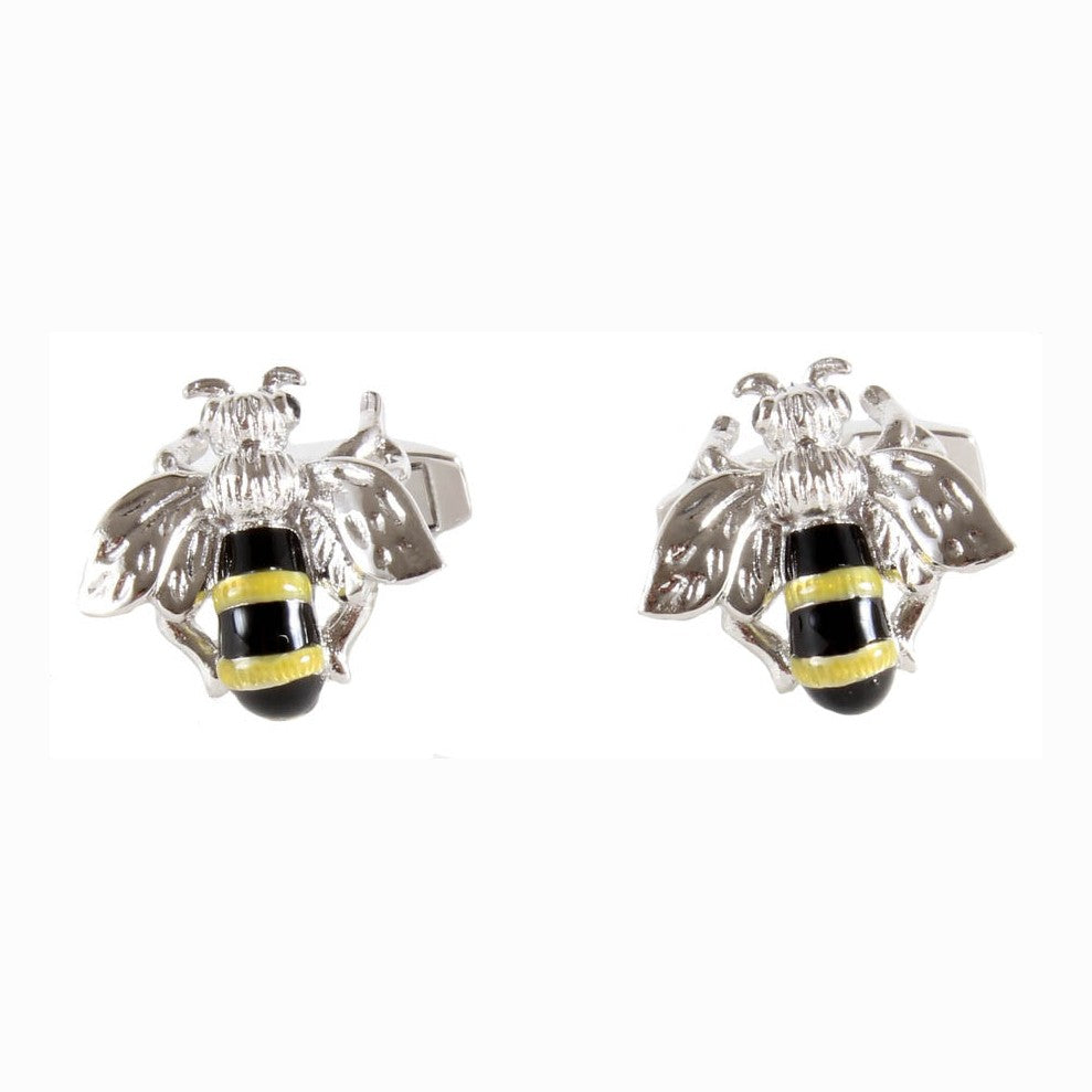 Black and Yellow Bee Cufflinks - Leonard Silver - pair, front view