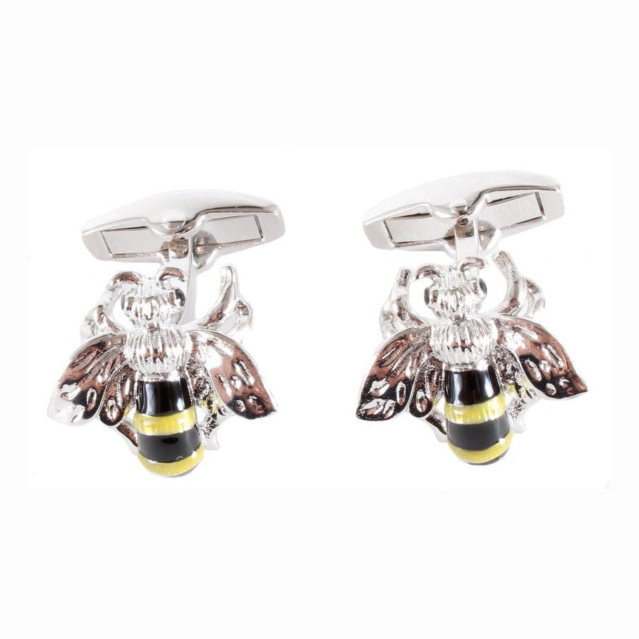 Black and Yellow Bee Cufflinks - Leonard Silver - pair showing swivel bar fittings