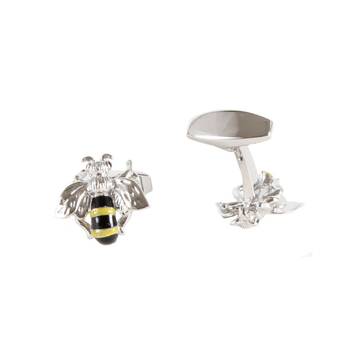 Black and Yellow Bee Cufflinks - Leonard Silver - detail of bee motif and back