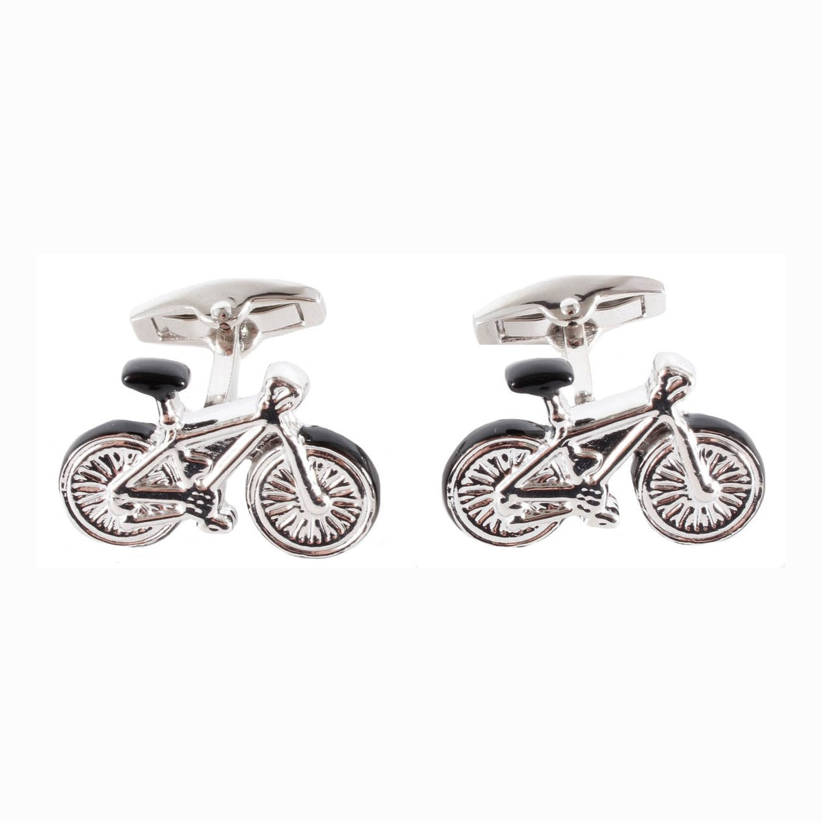 Silver Tone Bicycle Cufflinks With Black Detail - Leonard Silver - angled view of both cufflinks