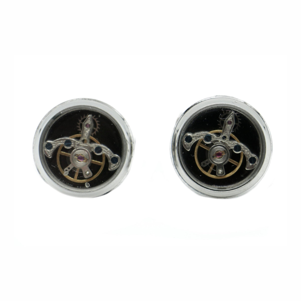 Tourbillon Rhodium Plated Cufflinks - Leonard Silver - front view of the pair
