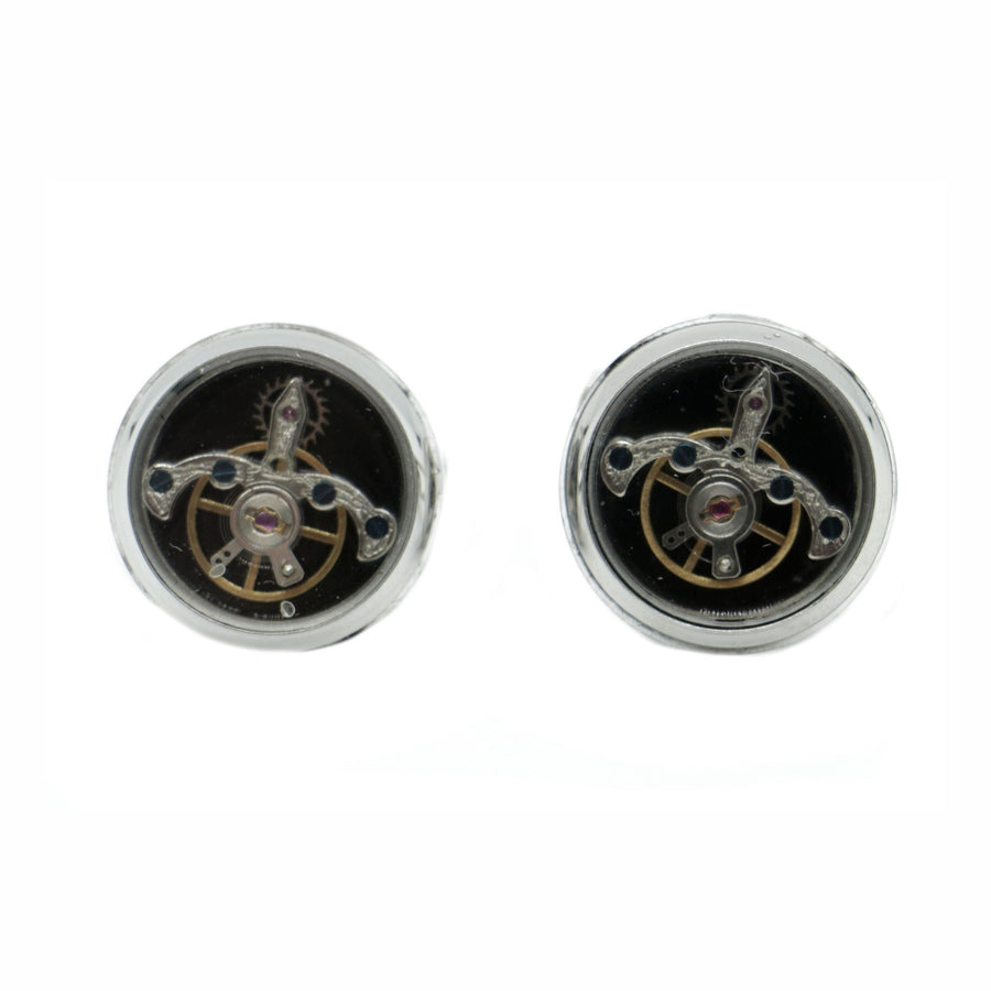 Tourbillon Rhodium Plated Cufflinks - Leonard Silver - front view of the pair