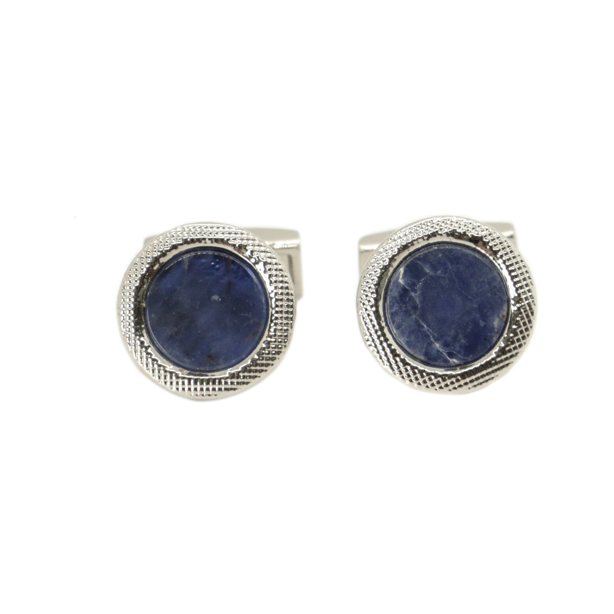 Sodalite Stone Round Rhodium Cufflinks - Leonard Silver - front view of pair
