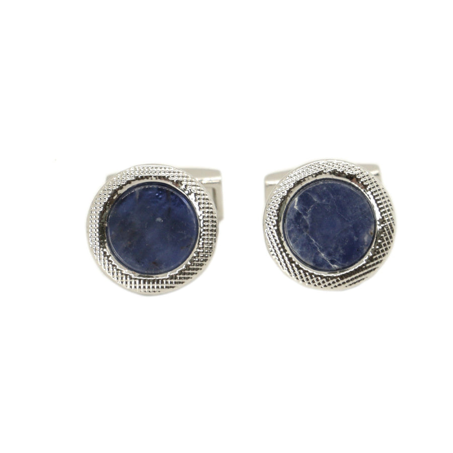 Sodalite Stone Round Rhodium Cufflinks - Leonard Silver - front view of pair
