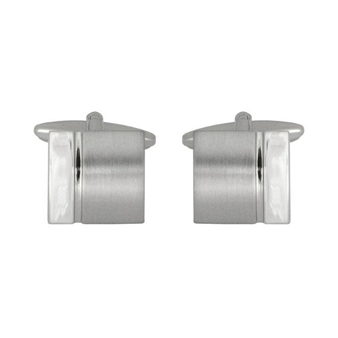 Brushed & Polished Rhodium Plated Curved Square Cufflinks - Leonard Silver - front and back view