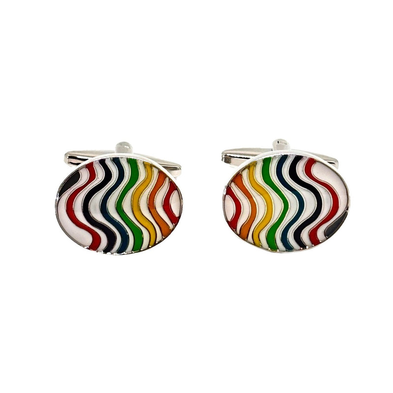 Rainbow Wave Oval Enamel Cufflinks - Leonard Silver - front view
