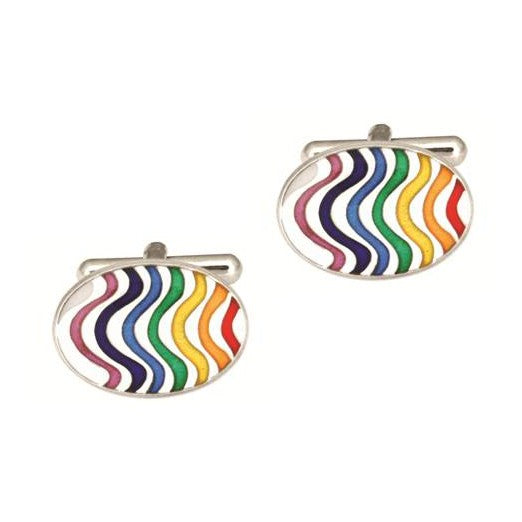 Rainbow Wave Oval Enamel Cufflinks - Leonard Silver - angled detail