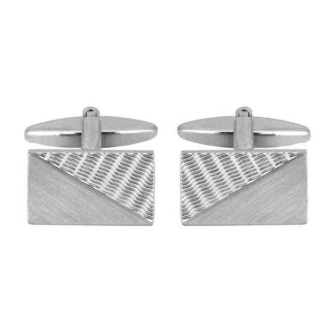 Rectangular Brushed & Engine Turned Rhodium Plated Cufflinks - Leonard Silver - front view of pair