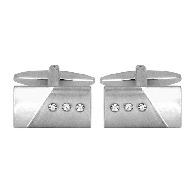 Brushed & Polished Crystal Rectangular Rhodium Cufflinks - Leonard Silver - front pair