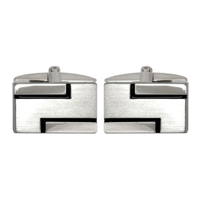 Black Line Brushed Rhodium Plated Cufflinks - Leonard Silver - front view of pair