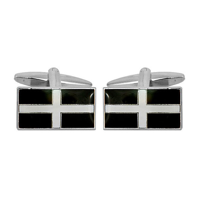 Cornish Flag St Piran Rhodium Plated Cufflinks - Leonard Silver - pair shown front on