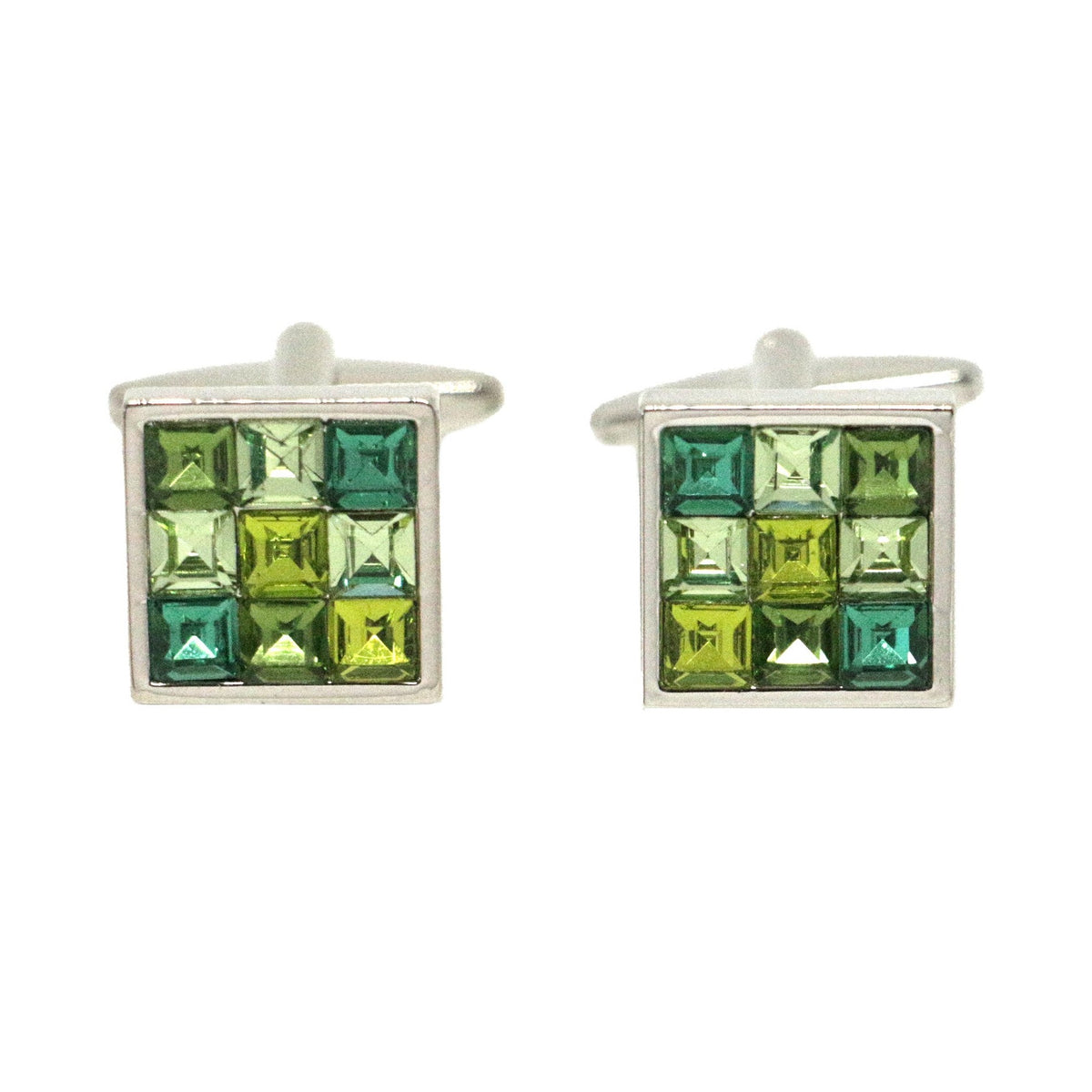 Multi-Green Crystal Square Rhodium Plated Cufflinks - Leonard Silver - front view of pair