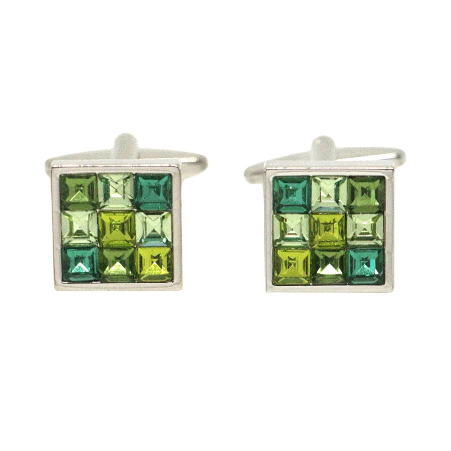 Multi-Green Crystal Square Rhodium Plated Cufflinks - Leonard Silver - front view of pair