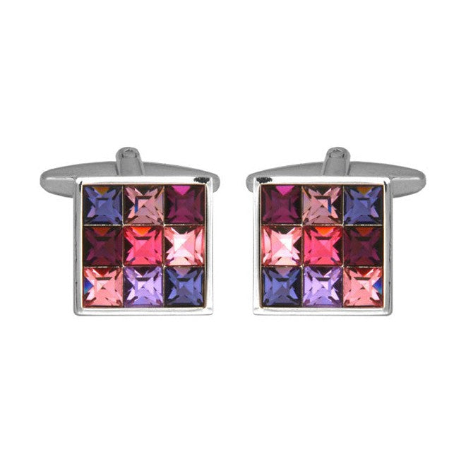 Pink Toned 9 Crystal Square Rhodium Plated Cufflinks - Leonard Silver - front view of pair