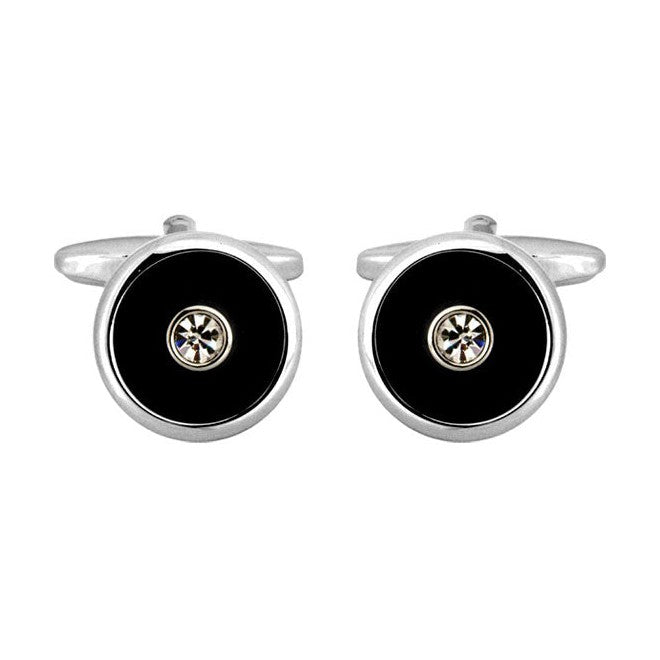 Round Black Centre Crystal Rhodium Plated Cufflinks - Leonard Silver - front view of pair