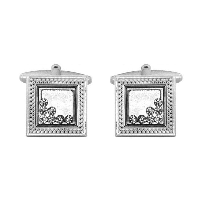 Square Moving Crystal Rhodium Plated Cufflinks - Leonard Silver - front pair