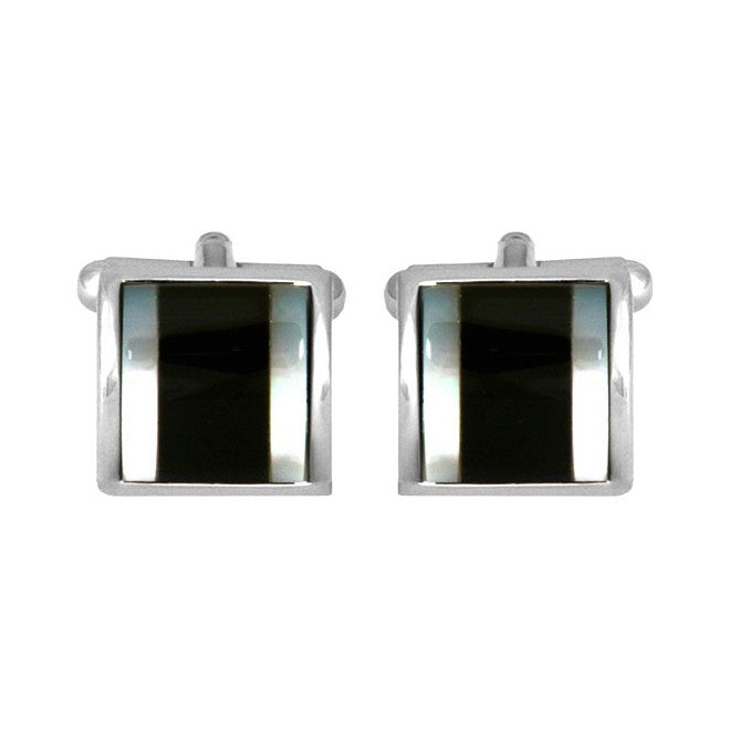 Onyx & Mother Of Pearl Curved Rhodium Plated Cufflinks - Leonard Silver - front view of pair