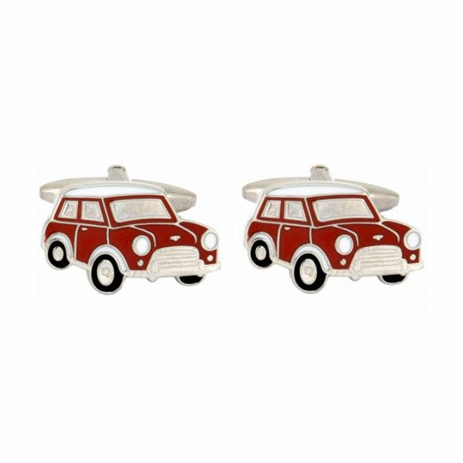Red Mini Car Enamel Rhodium Plated Cufflinks - Leonard Silver - front view of both cufflinks