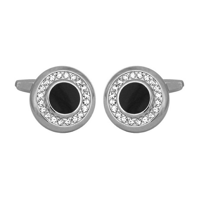 Crystal Ring Black Centre Rhodium Plated Cufflinks - Leonard Silver - front view of pair