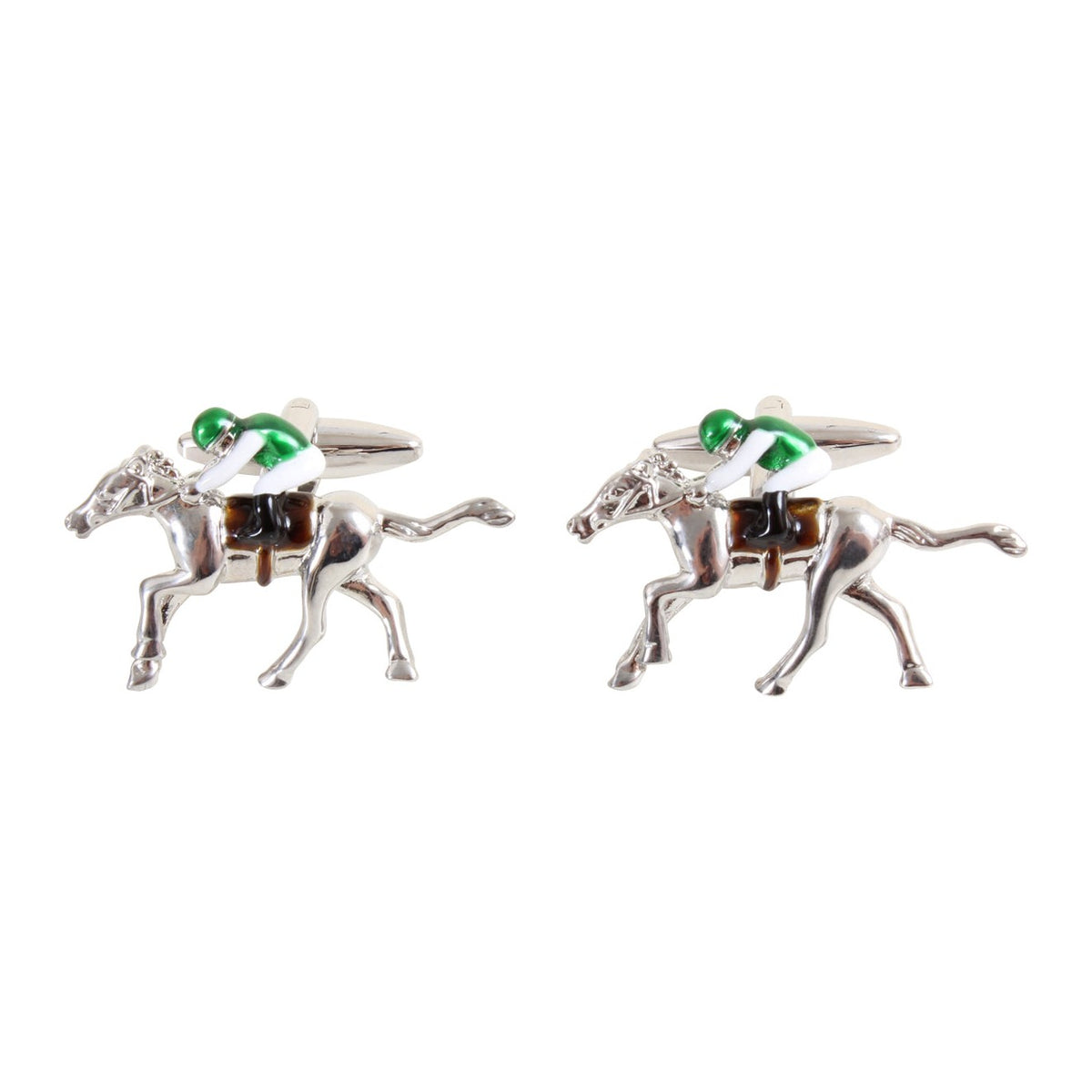Horse and Jockey Cut Out Rhodium Plated Cufflinks - Leonard Silver - pair shown front on